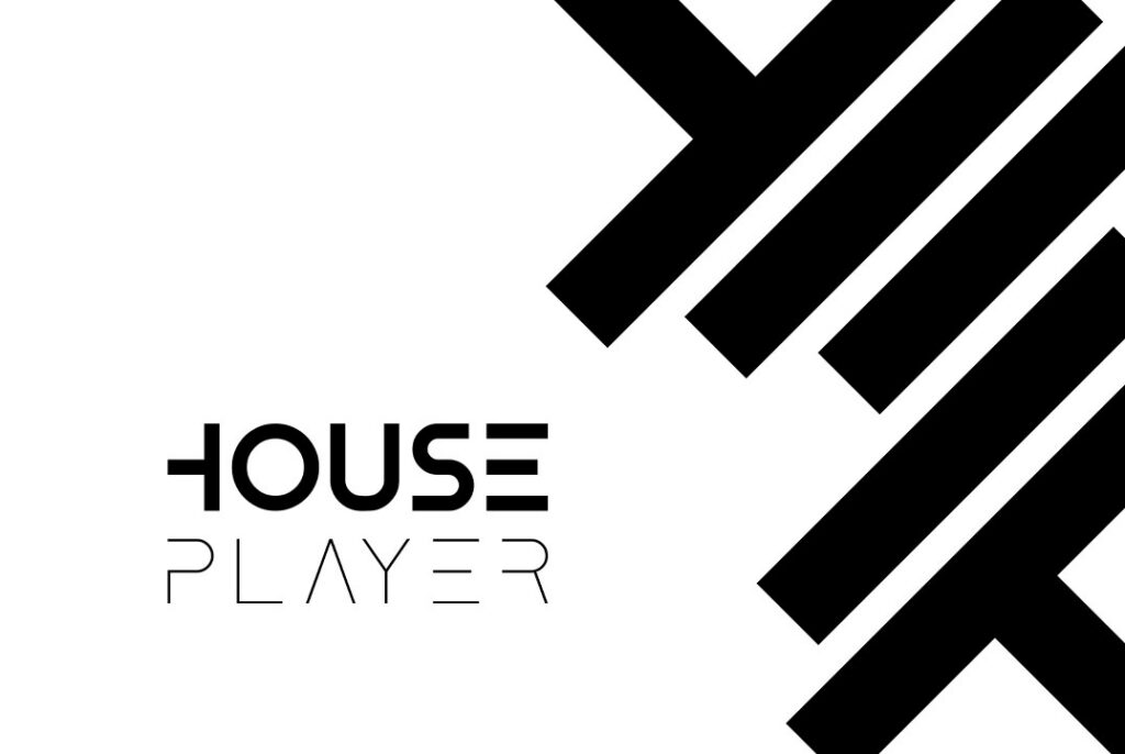 HOUSE PLAYER Logo mit geometrischem schwarzem Muster auf weißem Hintergrund